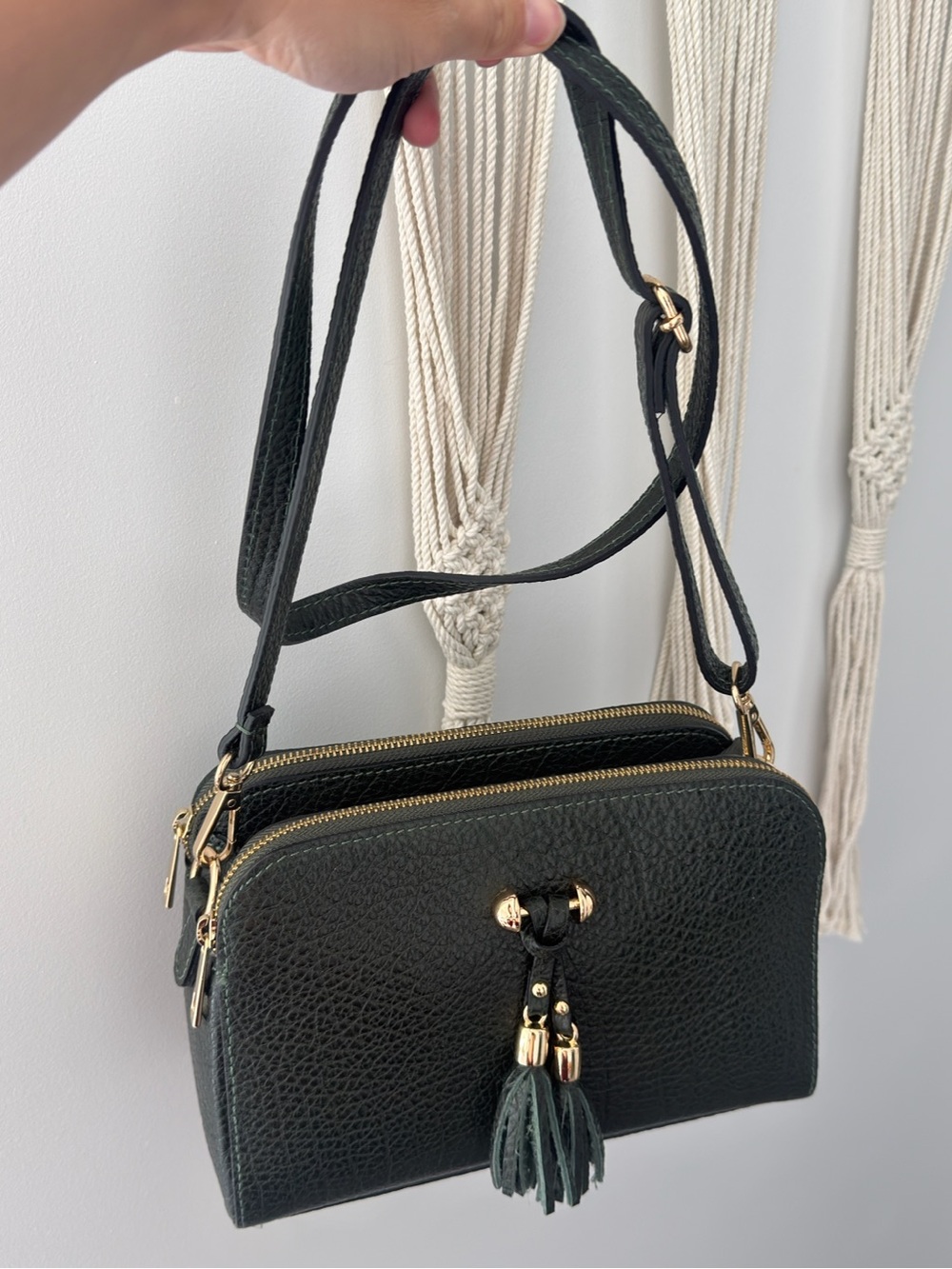 Women's Black Leather Crossbody Bag with Tassel Accent